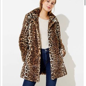 NWOT Leopard faux fur funnel neck coat by LOFT